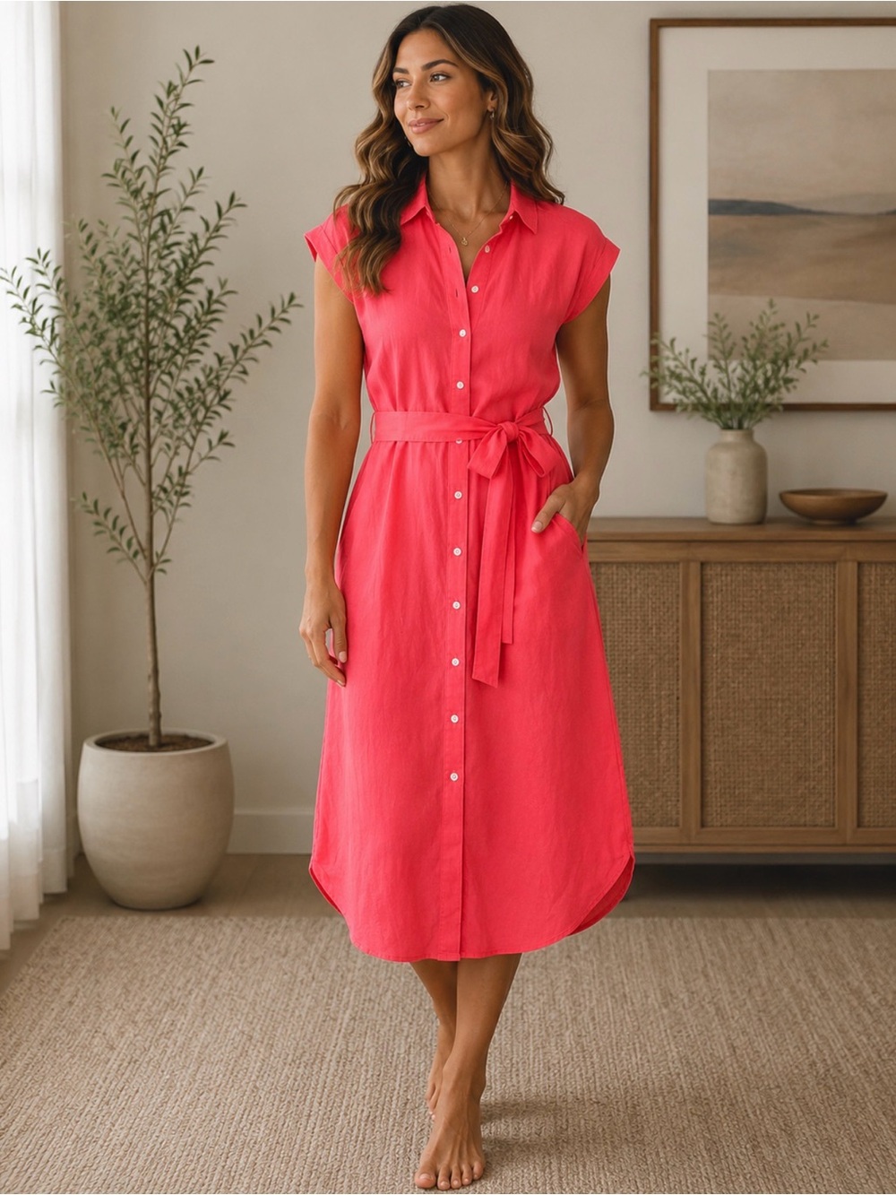 Tommy Bahama Bright Coral Button-Front Shirt Dress